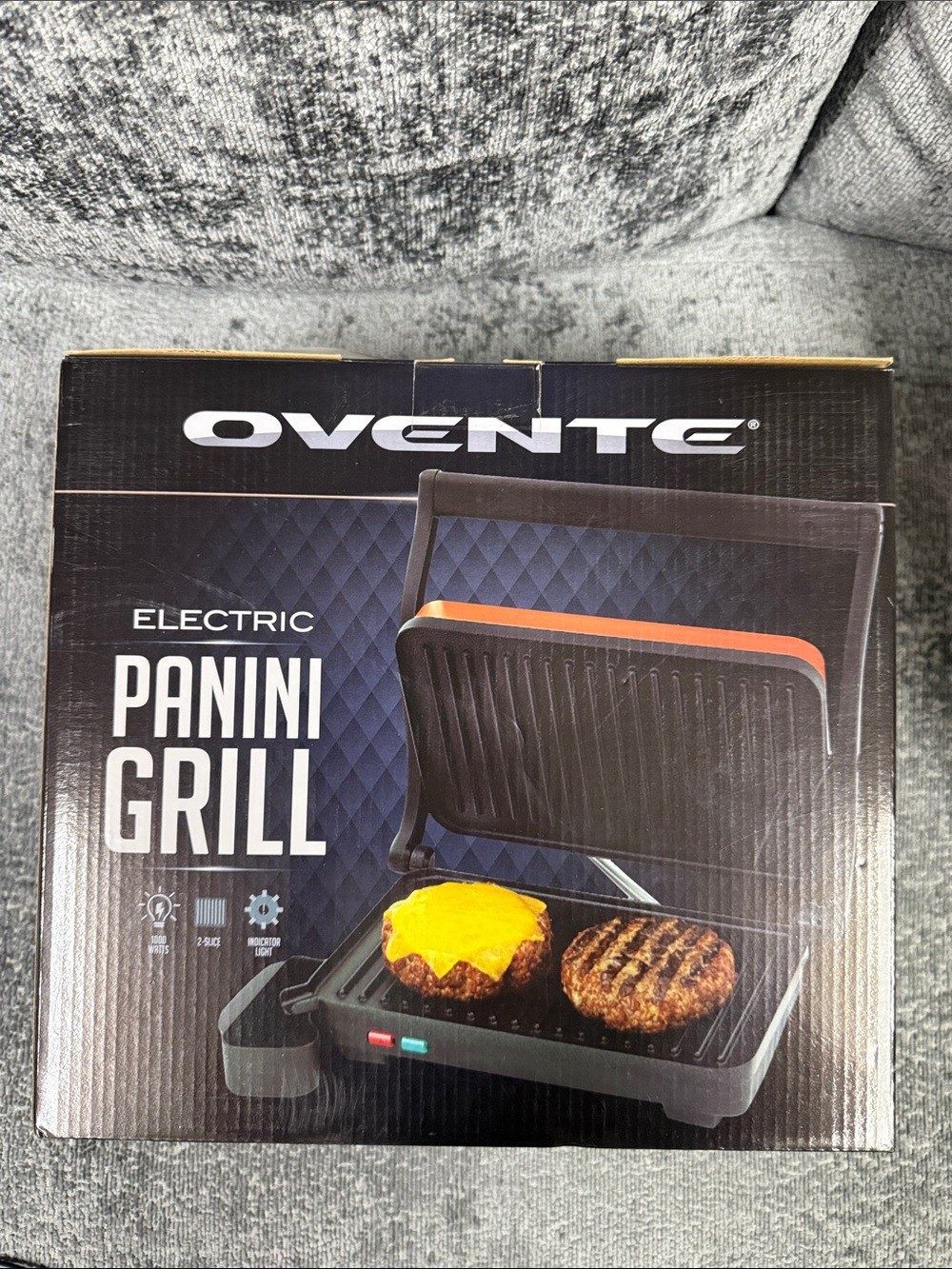 Ovente Electric Panini Grill - Black with Orange Accent